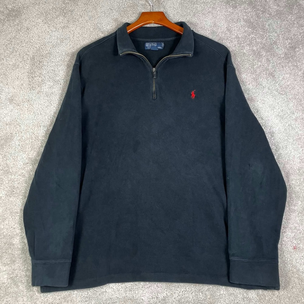 Vintage Polo Ralph Lauren Quarter Zip Mens XL Black Red Pony Logo Ribbed